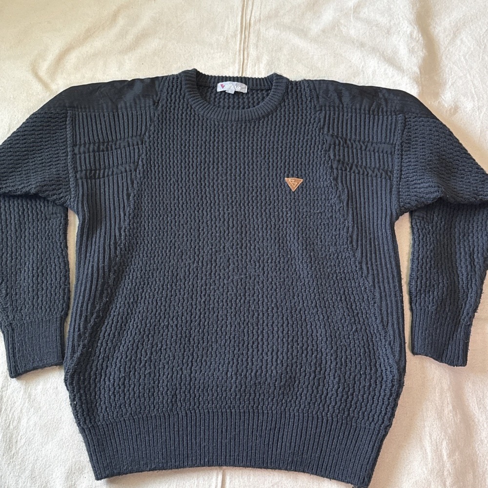 Vintage Brittania Chunky Knit Sweater Mens Size L Gray/black Shoulder Inlay